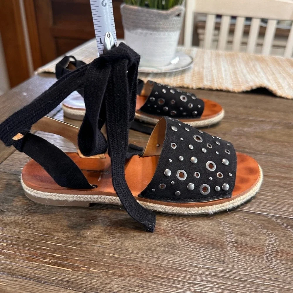 Lucky Brand Daytah 2‎ Black Leather Studded Ankle Tie Espadrille Sandals 6M